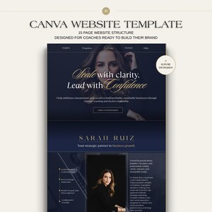Marineblauwe gouden canvas websitesjabloon voor executive coaches
