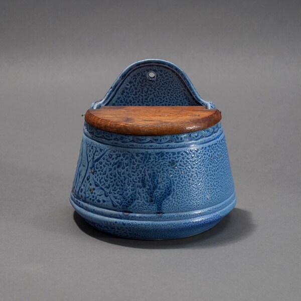 Vintage Blue Stoneware Salt Box – Lidded Salt Cellar – Salt Glaze - Textural Drip Glaze – Wedge Shape