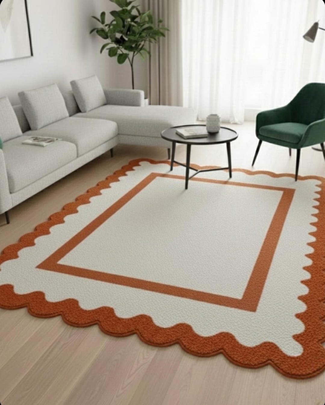 Scalloped Border Cream & Terracotta Hand Tufted Wool Area Rug, Living ...