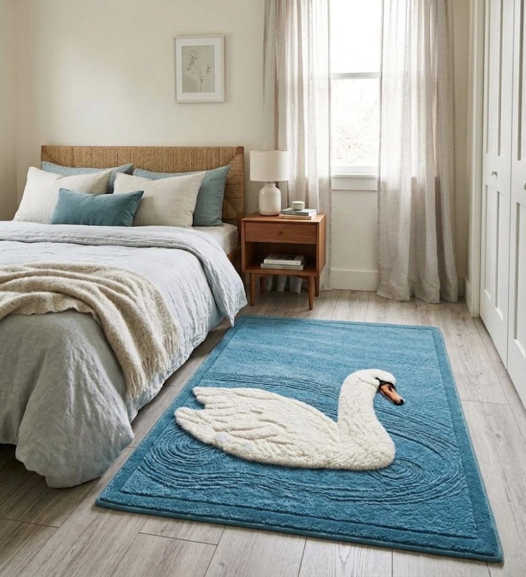 Hand Tufted Swan Rug Blue White Soft Wool Bedroom Area Carpet Decor 6x9 ...