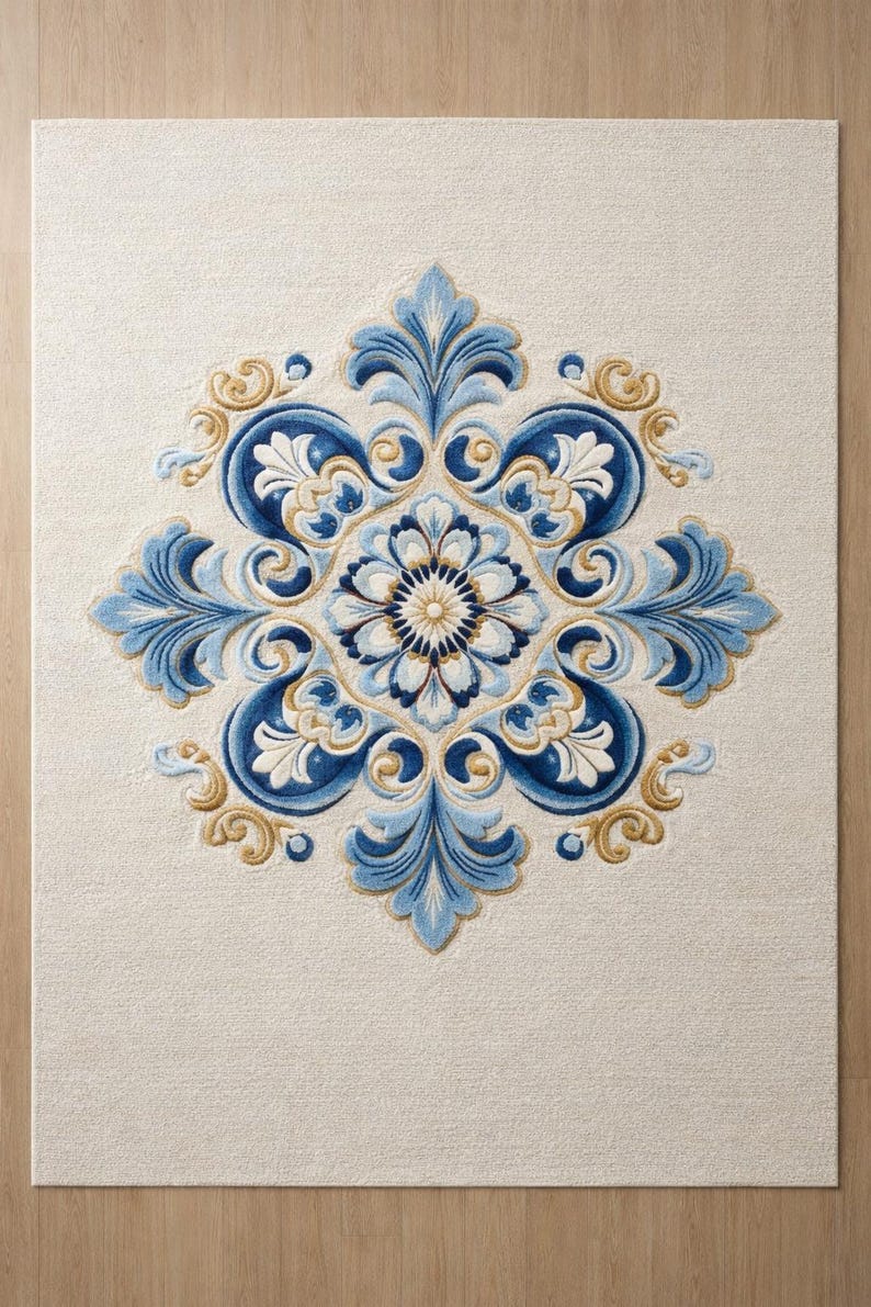 Blue Floral Hand Tufted Rug, Luxury Wool Area Rug, Vintage Style Carpet ...