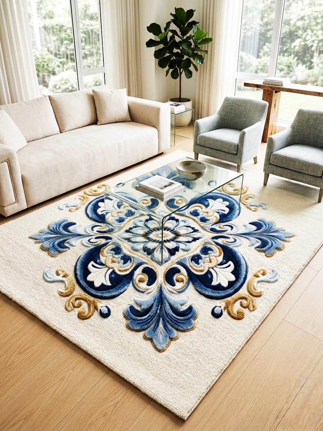 Blue Floral Hand Tufted Rug, Luxury Wool Area Rug, Vintage Style Carpet ...