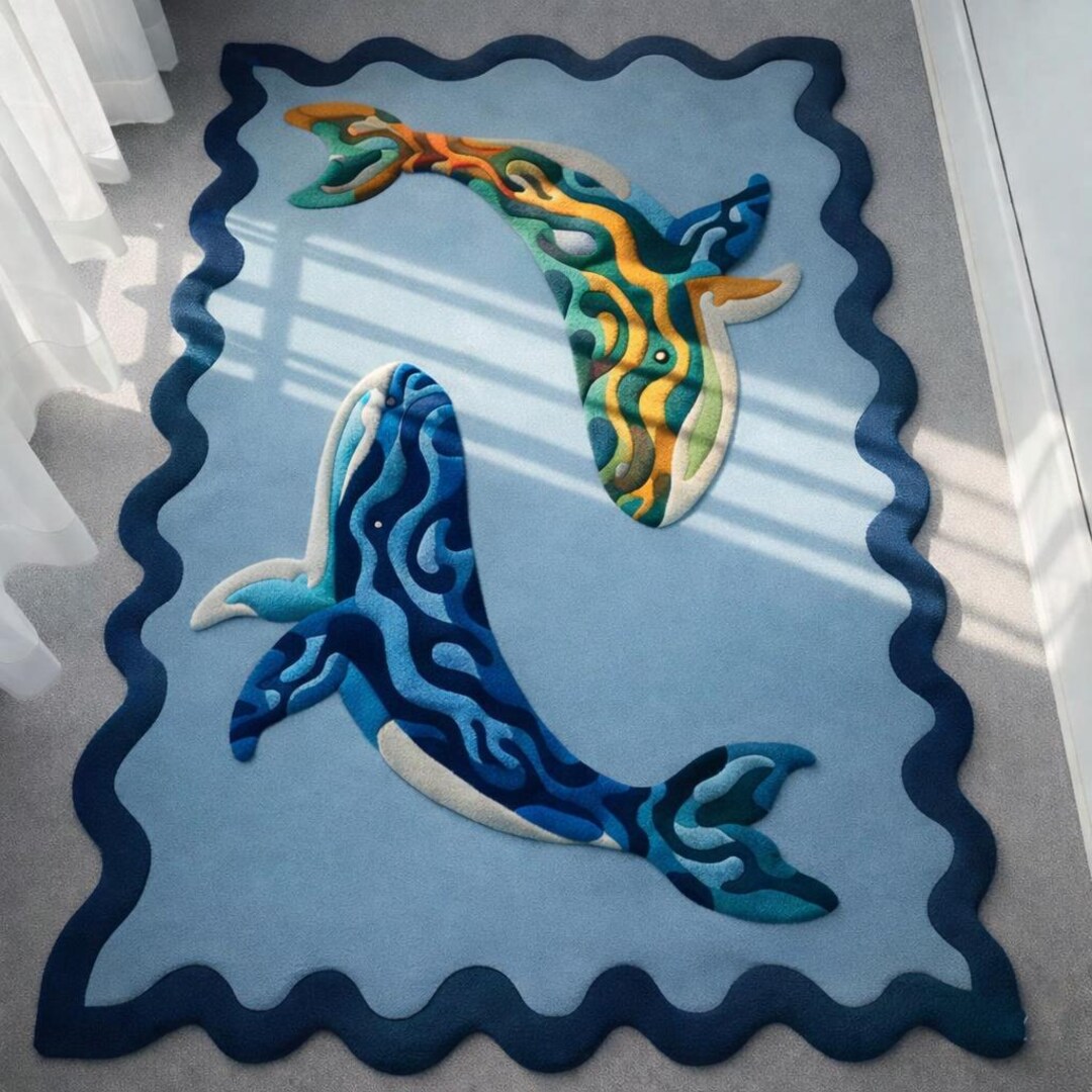 Hand Tufted Dolphin Area Rug | Ocean Theme Blue Carpet | Kids Room ...