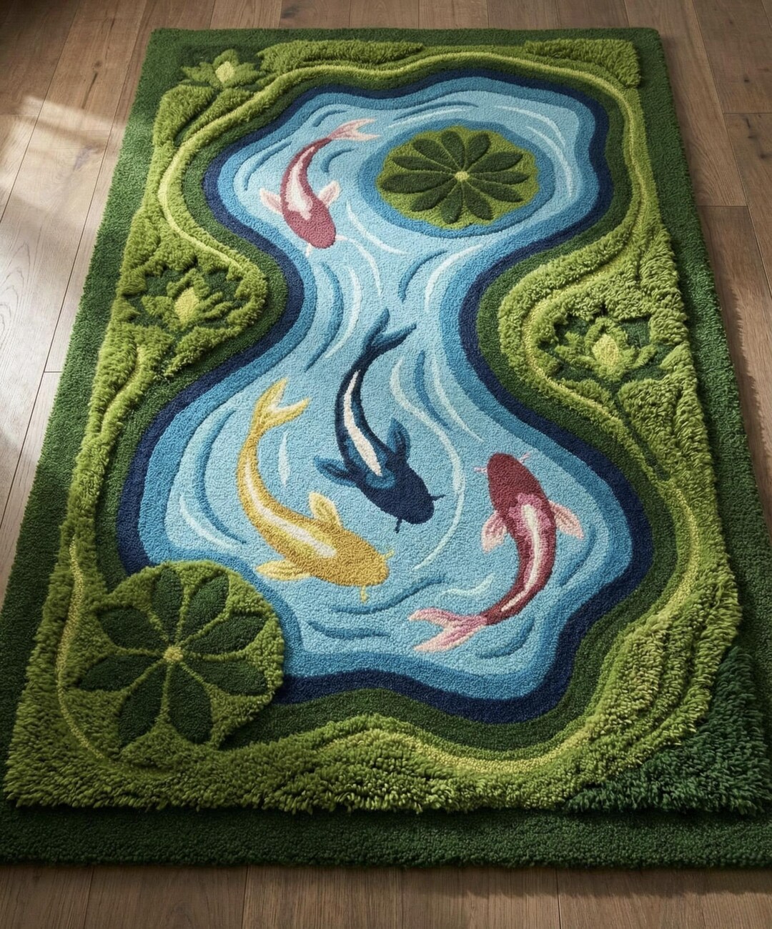 Pond Rug Abstract Hand Tufted Koi Fish Pond Area Rug – Nature Inspired Japanese Garden ...