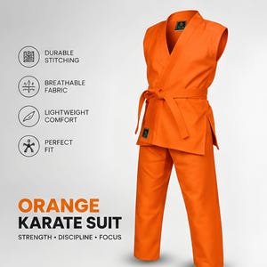May include: A bright orange karate suit consisting of a sleeveless top and matching trousers, secured with a tied orange belt. The text on the left reads: Durable Stitching, Breathable Fabric, Lightweight Comfort, Perfect Fit, Orange Karate Suit, Strength, Discipline, Focus.