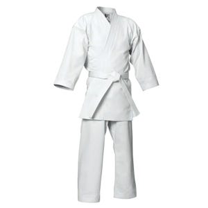 May include: A white karate uniform, comprising a jacket, trousers, and a belt. The jacket features a V-neck and long sleeves. The trousers are loose-fitting. The belt is tied at the waist. The uniform is made of a durable, lightweight fabric.