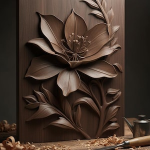 May include: A detailed, brown wooden carving of a flower with large petals and intricate details. The carving is mounted on a rectangular wooden panel. The text "Sons of Oak" is in the upper right corner. The text "INSTANT DIGITAL DOWNLOAD - NO PHYSICAL ITEM SHIPPED" is at the bottom.