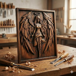 Pode incluir: Escultura em madeira detalhada de um anjo com grandes asas ornamentadas e um halo. O anjo é retratado em um vestido esvoaçante. A escultura está emoldurada em uma moldura retangular. Ferramentas de marcenaria e aparas de madeira sobre a mesa de madeira.