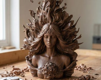 May include: A detailed wooden sculpture of a woman with flowing hair and a floral chest piece. The sculpture is intricately carved, with a focus on the woman's face and the surrounding stylized flames. A caliper rests on the wooden work surface.