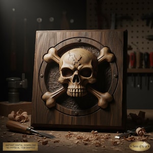 May include: A carved wooden plaque featuring a skull and crossbones design. The skull is intricately detailed, with visible teeth and eye sockets. The plaque is square, with a circular design around the skull. The wood has a natural grain and is surrounded by woodworking tools.