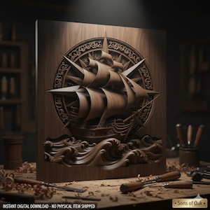 May include: A detailed wooden carving of a sailing ship, set against a compass rose design. The artwork is mounted on a wooden panel, showcasing intricate details of the ship's sails and the waves. The image includes the text "INSTANT DIGITAL DOWNLOAD - NO PHYSICAL ITEM SHIPPED".