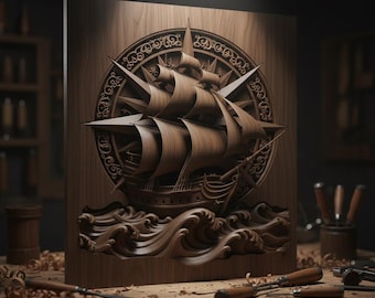 Tall Ship Compass Rose CNC Detaillierte Nautische Bas-Relief Holz Schnitzdatei Ozean Tiefe Karte