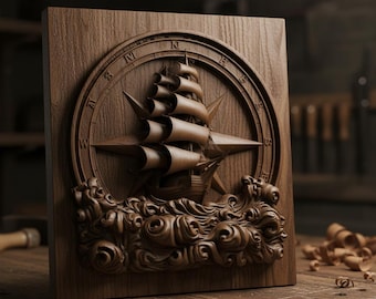 Segelschiff Kompass Rose für CNC Nautical Bas-Relief Holz Schnitzdatei Ozean Tiefe Karte