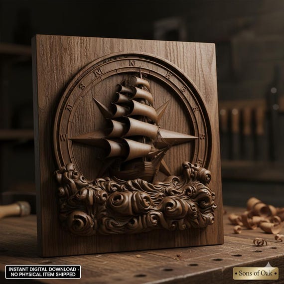 Sailing Ship Compass Rose for CNC Nautical Bas-Relief Wood Carving File Ocean Depth Map