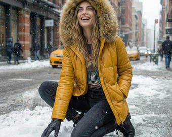 Chaqueta acolchada de cuero amarillo para mujer / Abrigo de invierno con capucha de piel [real/sintética] / Parka cálida color mostaza