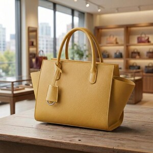 May include: A mustard-yellow leather handbag with two rounded handles and a detachable tag. The bag has a structured design with a rectangular shape and a side pocket. The bag is on a wooden surface.