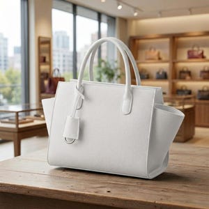 Pode incluir: Uma bolsa de couro branca com duas alças superiores e uma etiqueta removível. A bolsa tem um design estruturado com formato retangular e um bolso lateral. A bolsa é exibida em uma mesa de madeira em um ambiente de loja.