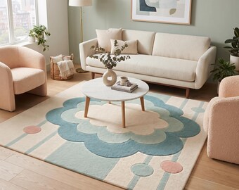 Hand-Tufted Wool Flower Rug, Pastel Blue Green Nursery Decor
