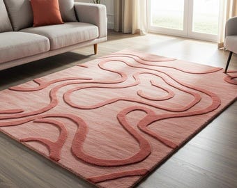 Hand-Tufted Pink Wave Rug  Abstract Wool Area Rug