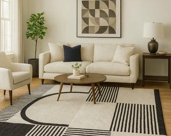 Handmade Hand-Tufted Wool Rug 8x10 Geometric Black Ivory Modern