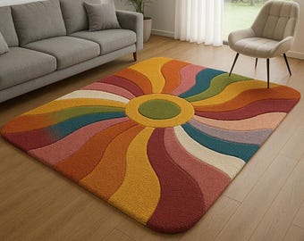 Tapete abstrato de raios de sol feito à mão e tufado à mão, tapete colorido de lã.