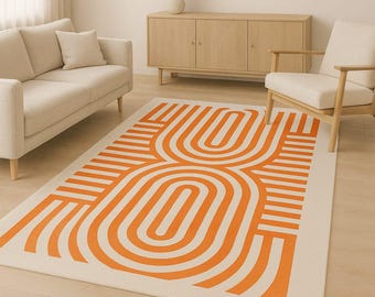 Hand-Tufted Wool Rug  Rectangular Orange Geometric Area Rug Handmade