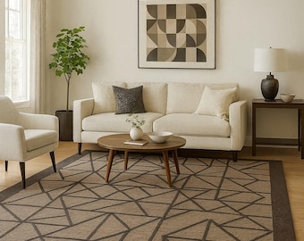 Handmade Hand-Tufted Wool Rug  Geometric Beige Brown Modern Living Room