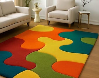 Handmade Abstract Wool Rug  Hand-Tufted Colorful Area Rug