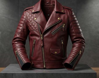 Kastanjebruine slim-fit rundleren bikerjack heren | Motorjas met gewatteerde schouders