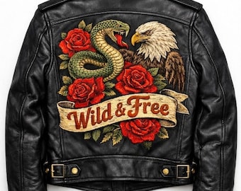 Geborduurd leren bikerjack | Slang, adelaar, roos Tattoo Art Moto-jas