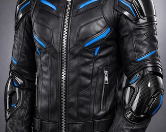 Leren heren bikerjack met koolstofvezelpantser - tactische cyberpunk-motorkleding - elektrischblauwe accenten