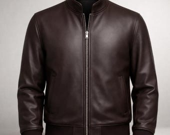 Donkerbruin leren bomberjack heren | Slim-fit bikerstijl, minimalistisch ontwerp