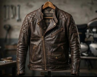 Bruin leren motorjas heren – Cafe Racer-rundleerstijl koeienhuid