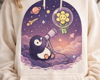 Oversized hoodie met pinguïn Star Gazer | Crème met fleece gevoerde streetwear-trui