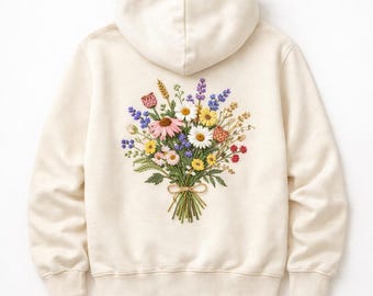 Hoodie met geborduurde wilde bloemenboeket, cottagecore-sweatshirt met bloemen, crèmekleurige kleding voor natuurliefhebbers