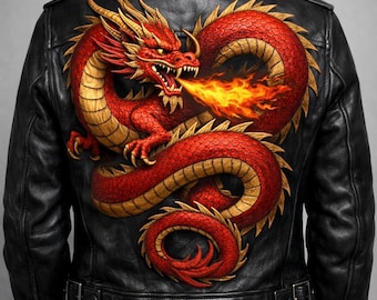 Leren bikerjack geborduurde draak – Streetwear heren Moto Oriental Art