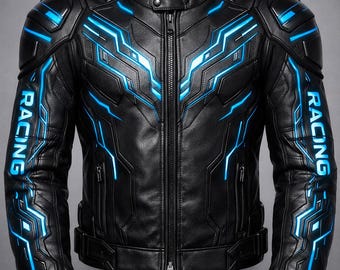 Leren Cyber Racing-motorjack heren – neonblauw/rood/zilveren accenten