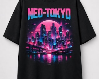 Neo-Tokio cyberpunk-T-shirt | Synthwave Japans Cityscape T-shirt jaren 80