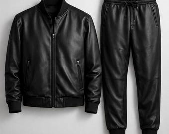Echt schapenleer herentrainingspak – bomberjack en joggingbroek