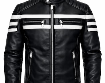Echt leren caféracerjack heren – retro gestreepte biker-streetwear
