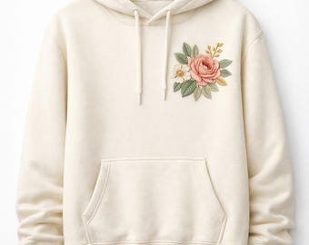 Hoodie met geborduurde bloemen, sweatshirt met botanische rozenkrans, trui natuurliefhebber