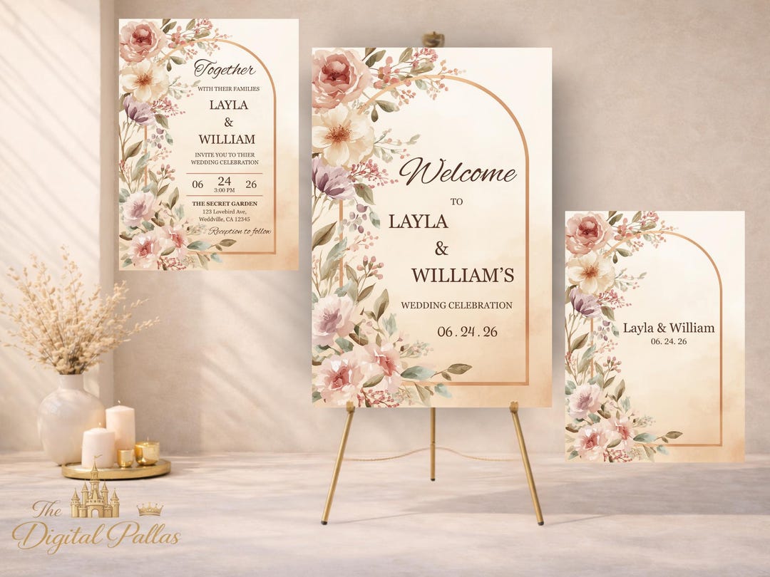 Wedding Invitation & Welcome Sign Bundle | Editable Floral Arch Set ...