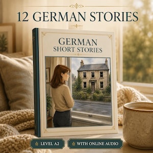 Pode incluir: Um livro de capa dura intitulado 12 GERMAN STORIES e GERMAN SHORT STORIES. A capa apresenta uma ilustração de uma pessoa olhando por uma janela para uma casa de pedra. O livro inclui o texto LEVEL A2 e WITH ONLINE AUDIO na parte inferior.