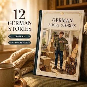 Puede incluir: Un libro de tapa dura titulado 12 German Short Stories con el subtítulo Level B2 y With Online Audio. La portada presenta una ilustración central de una persona con chaqueta verde y vaqueros azules de pie entre cajas apiladas.