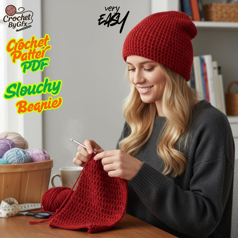 Slouchy Beanie Crochet Pattern PDF, Easy Crochet Hat Tutorial, Beginner ...