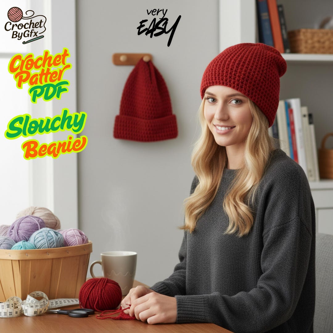 Slouchy Beanie Crochet Pattern PDF, Easy Crochet Hat Tutorial, Beginner ...