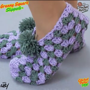 May include: Crocheted granny square slippers in shades of lavender and green, with a fluffy green pom-pom detail. The slippers are handmade and feature the text "Granny Square Slippers" and "very EASY".