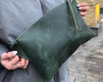 Kleine groene crossbodytas, echt leren Crazy Horse-tas, minimalistische hobo-handtas