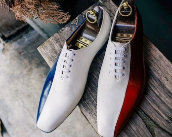 Handmade blue & red Color Genuine Patent Leather Lace Up Stylish Apron Toe Shoes For Men's