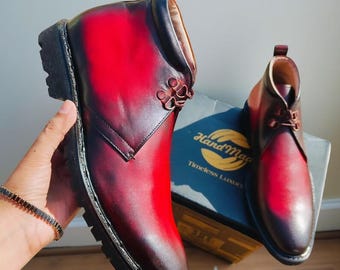 Men's Leather Handmade Burgundy Dress Formal Boots